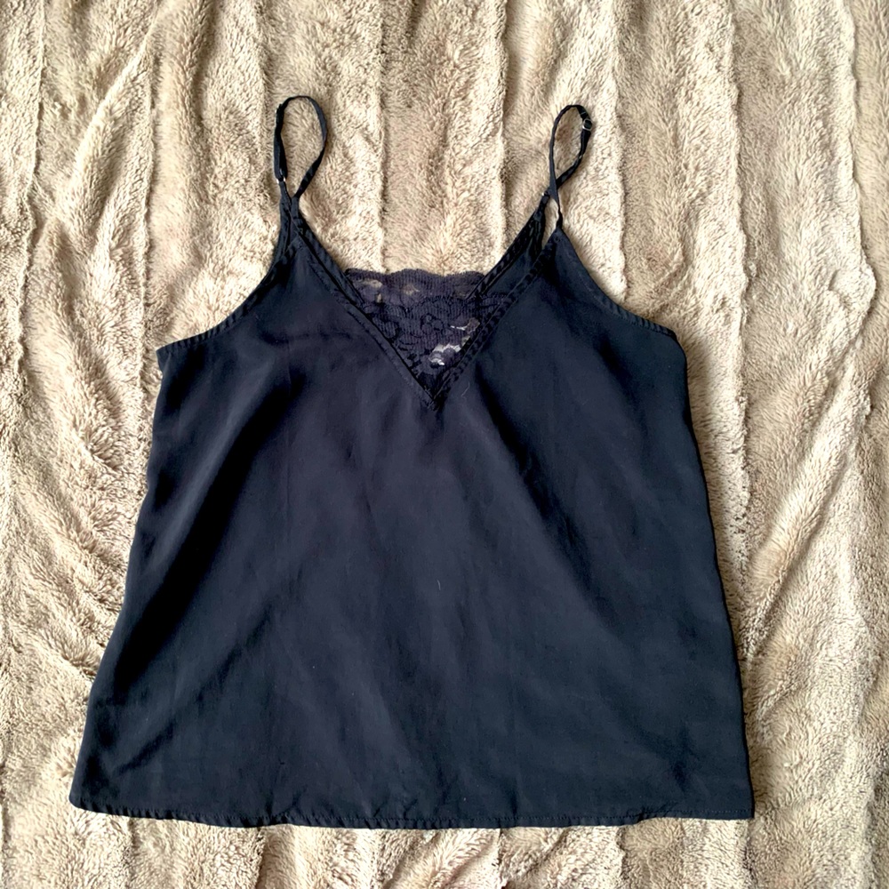 Black Satin Cami with Lace Detail